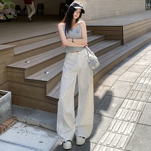 妈个鸡妈MGJM慵懒风白色碎花宽松阔腿百搭氛围感印花水洗牛仔裤子