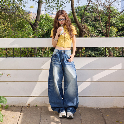 猫须水洗做旧弯刀牛仔裤baggy潮