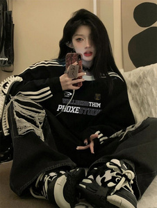 妈个鸡妈MGJM美式复古宽松休闲三杠条纹圆领长袖卫衣秋季男女上衣