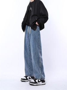 妈个鸡妈 ins复古抽绳垂感阔腿裤直筒显瘦水洗宽松牛仔裤男女国潮