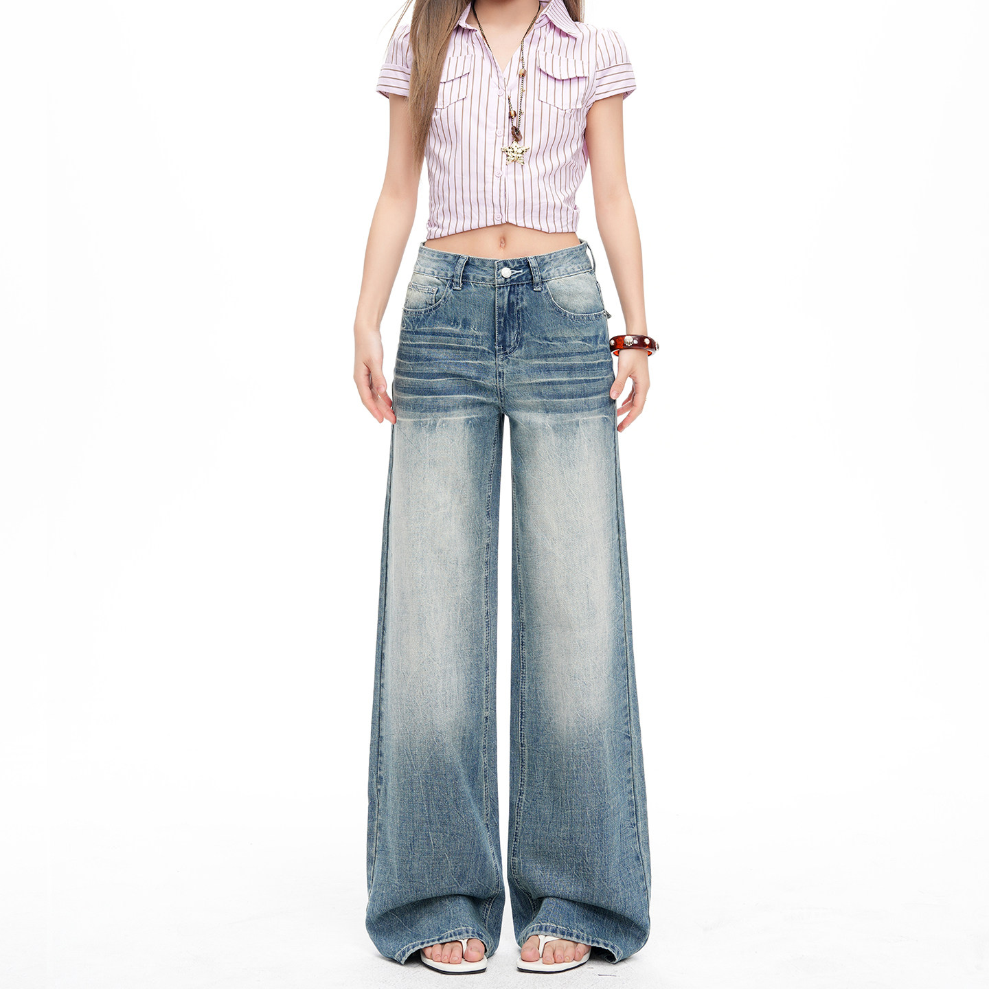 妈个鸡妈MGJM蓝色复古美式高腰水洗做旧猫须阔腿牛仔裤高街男女潮,男装,牛仔裤,淘宝优惠券,粉丝福利购,淘宝优惠卷