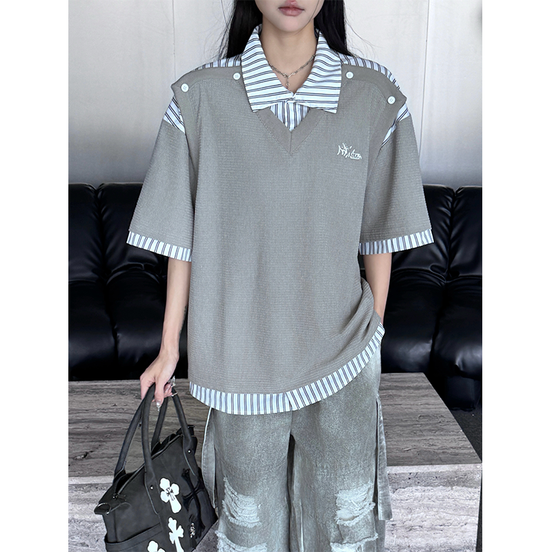 夏季高街条纹衬衫拼接假两件T恤