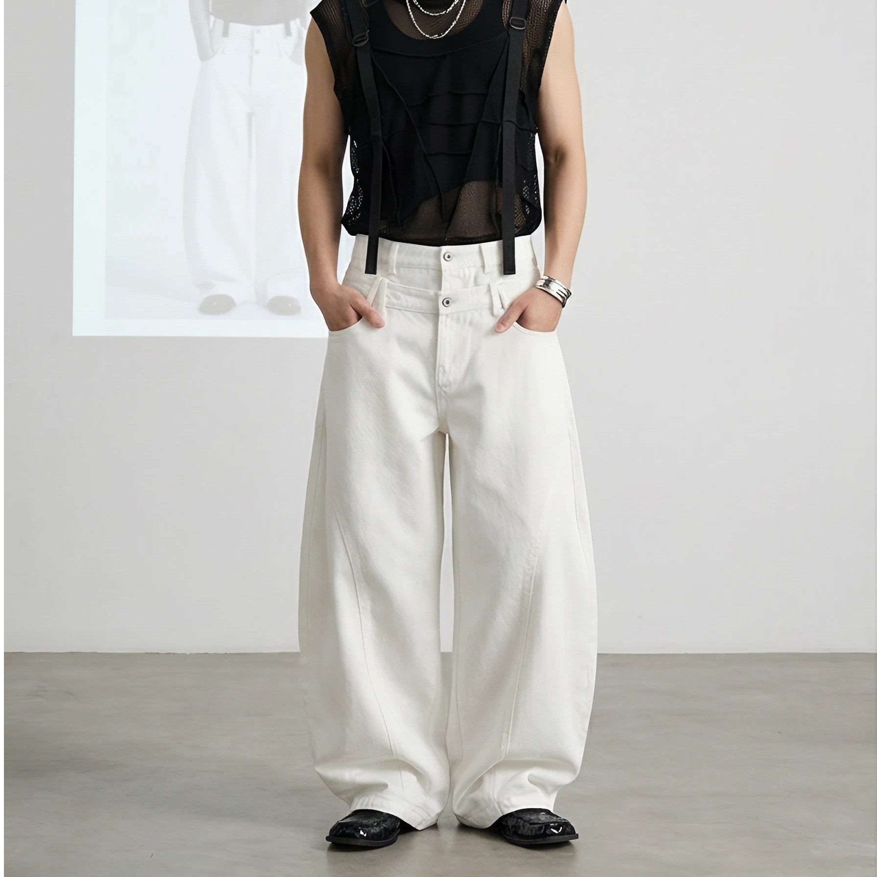 妈个鸡妈MGJM美式复古双腰头解构弯刀白色牛仔裤镰刀男女宽松阔腿,男装,牛仔裤,淘宝优惠券,粉丝福利购,淘宝优惠卷