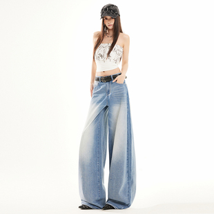 妈个鸡妈MGJM美式 男女 线迹设计水洗浅蓝色磨白手擦宽松阔腿牛仔裤