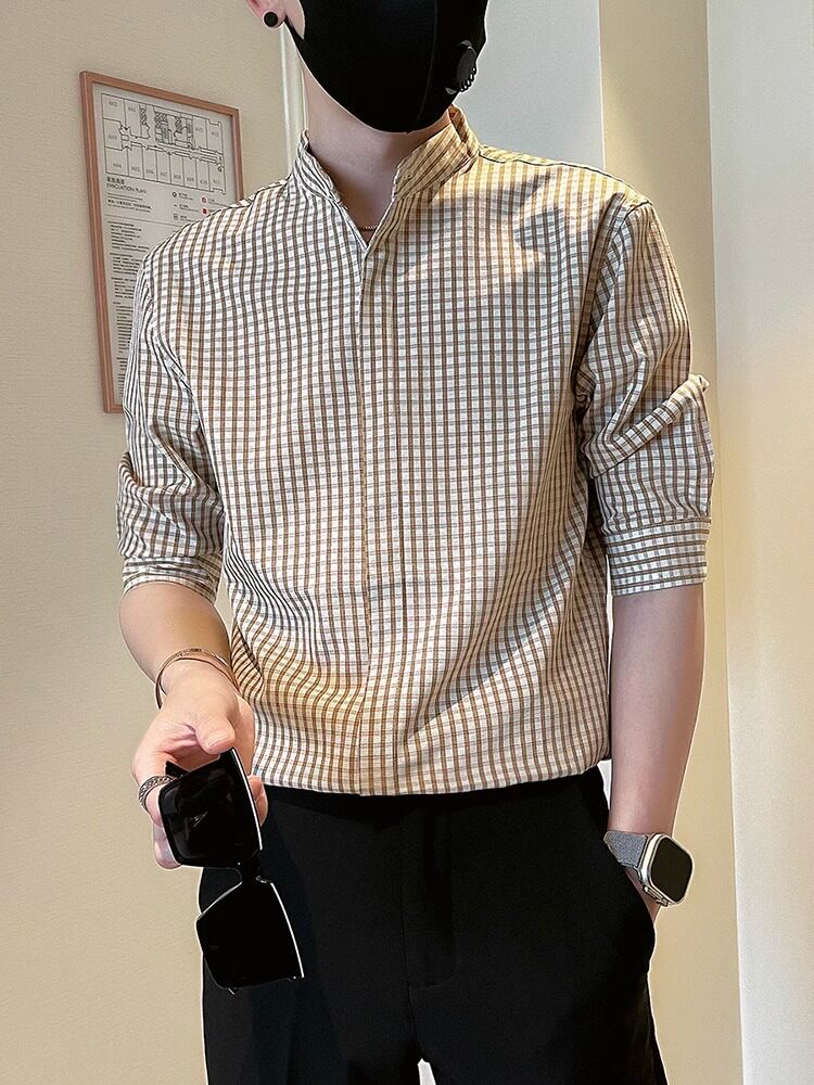 高端立领格纹三分之袖男衬衫2025新经典休闲短袖衬衫春秋季男士款