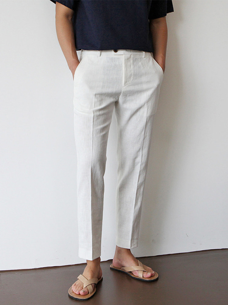 高端白色九分亚麻休闲西裤男士2025新款秋季男裤棉麻直筒裤子男款