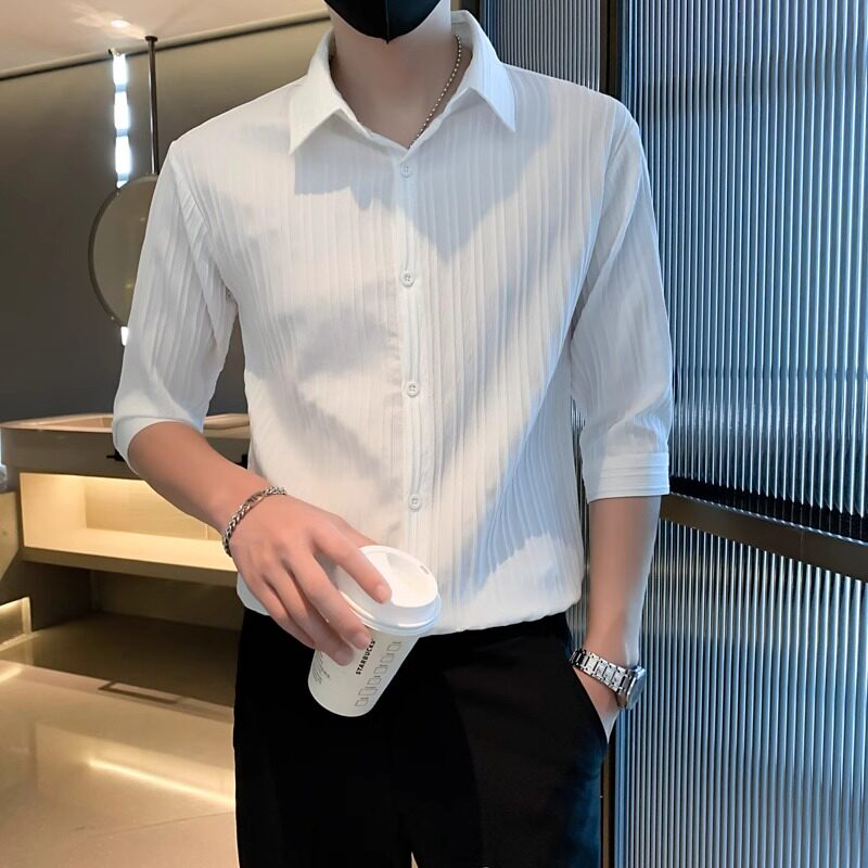 高端轻熟风白色七分袖衬衫男士2026新款夏季冰丝透气短袖衬衣男款