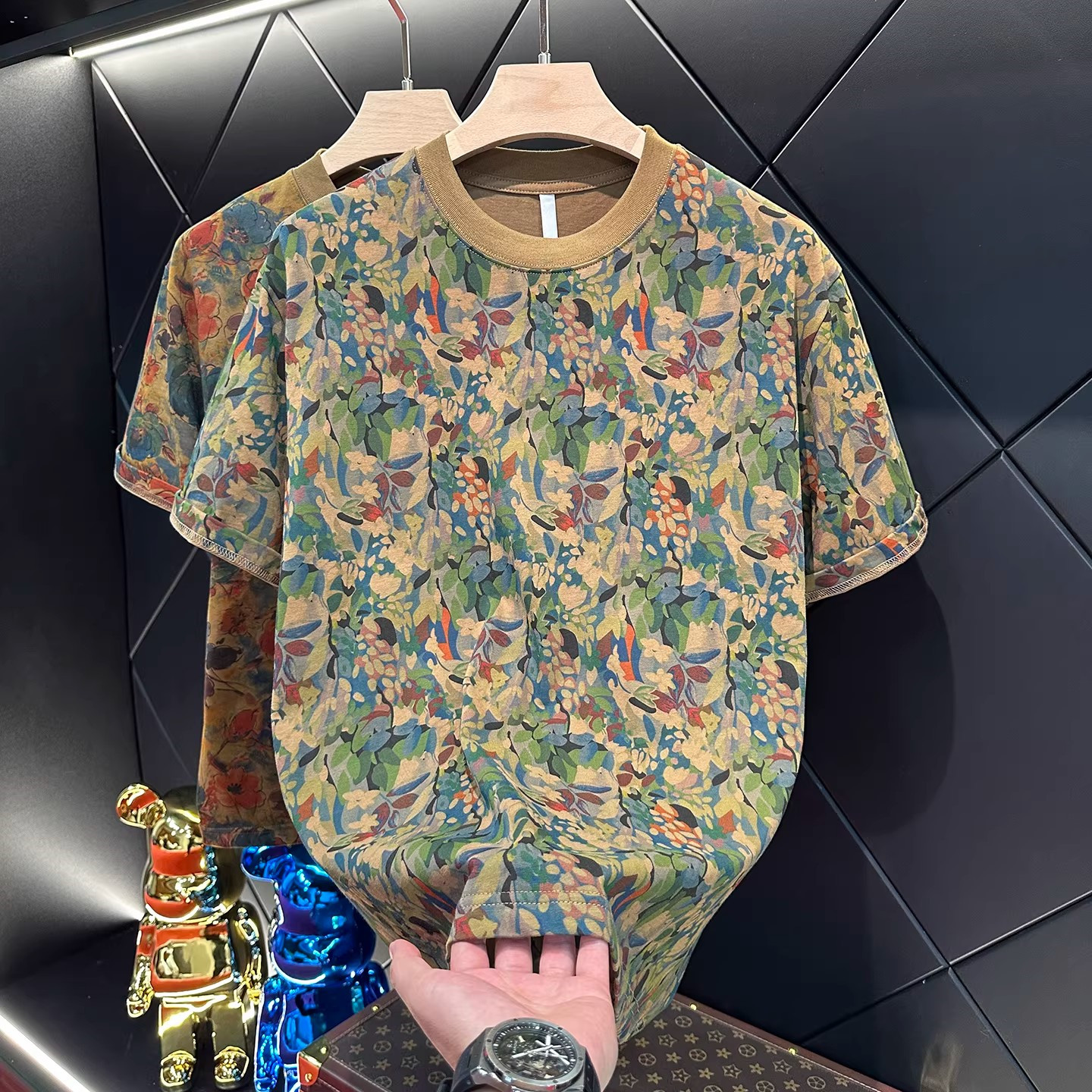 高端老钱风短袖T恤男士2026年新款春夏季油画叶子半袖打底衫男款