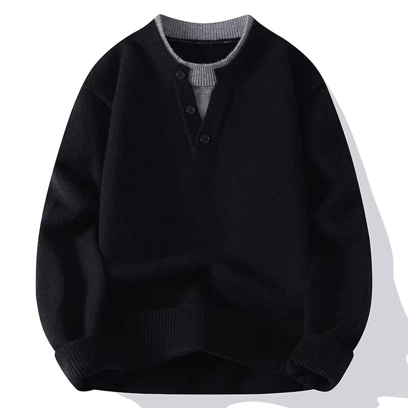 高端假两件套头针织衫卫衣男士2026新款春季加绒加厚打底毛衣男款