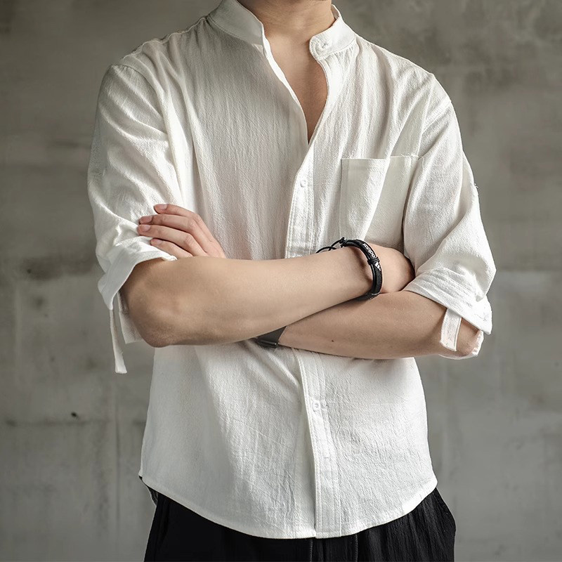 高端白色七分袖亚麻衬衫男士2026年新款夏季薄款棉麻短袖衬衣男款