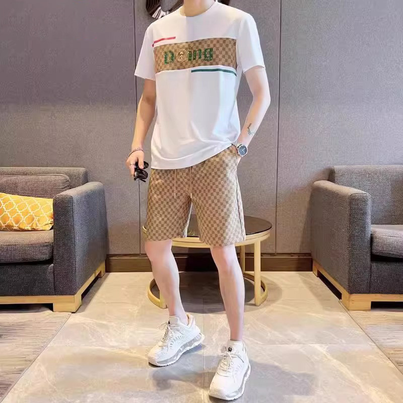 高端男士冰丝休闲套装2026新款夏季短袖短裤欧货潮流搭配一套男装