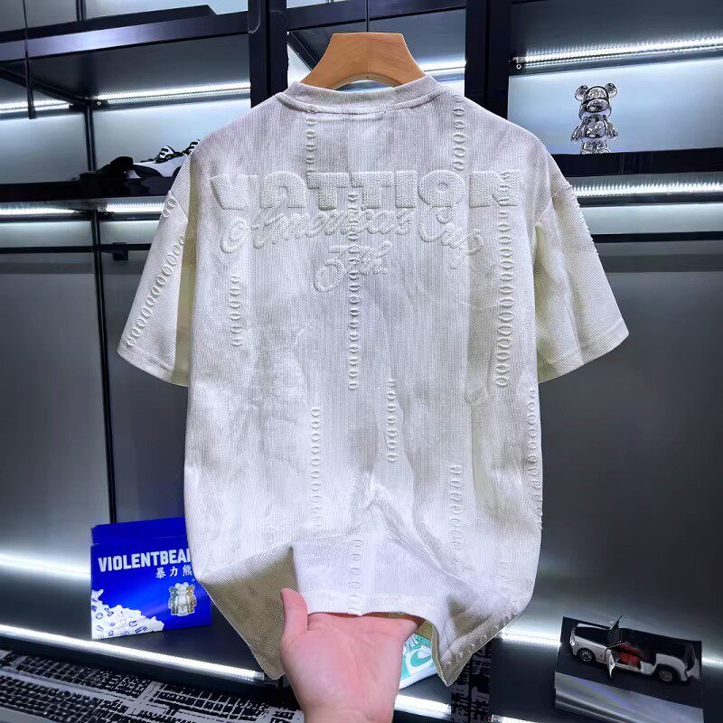 高端欧货破洞男士短袖T恤2026新款春夏季潮流圆领打底半袖衫男款