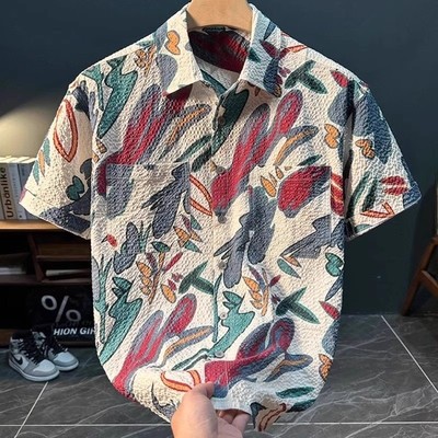 高端沙滩度假风短袖花衬衫男士2025新款潮牌印花休闲衬衣夏季男款