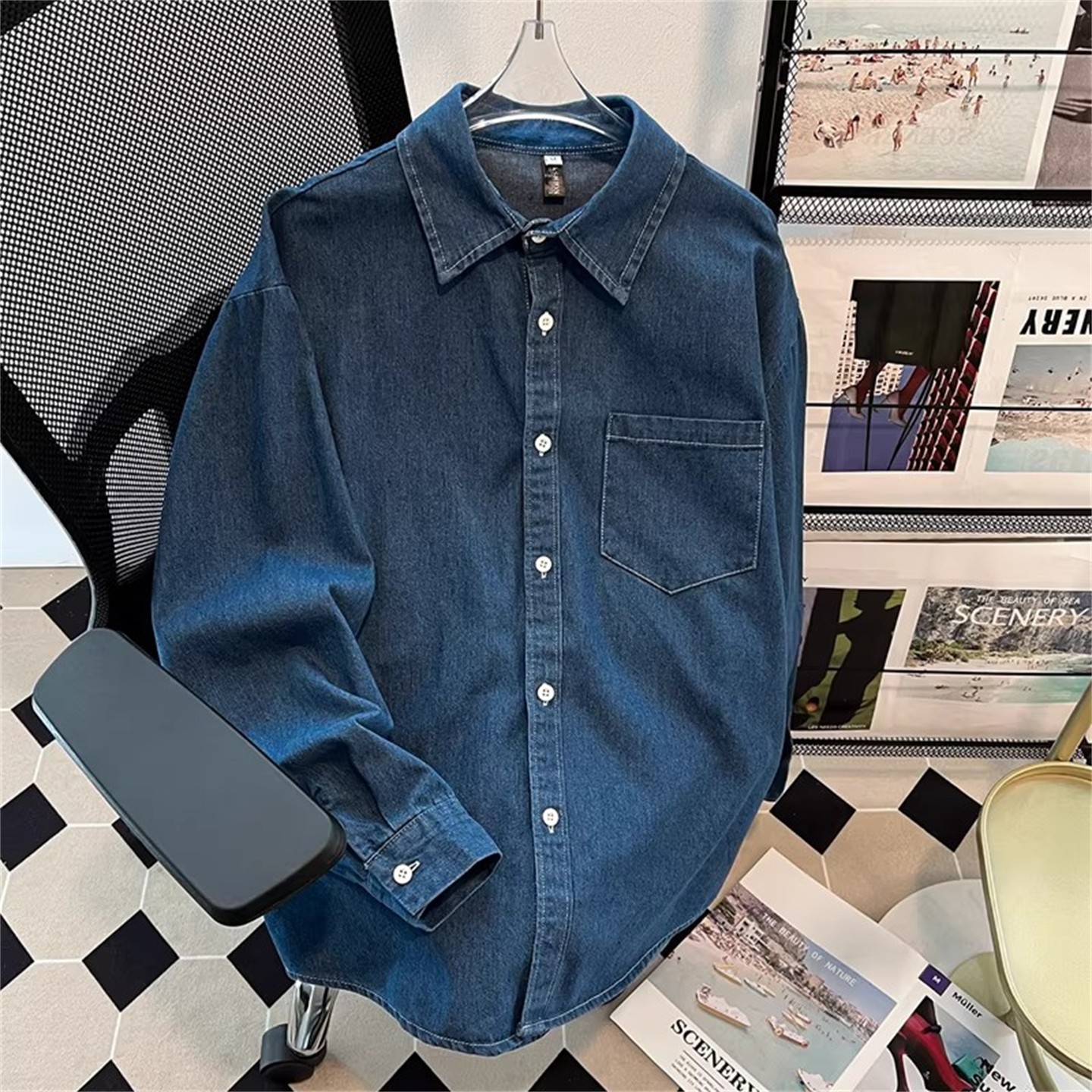 高端深蓝色牛仔衬衫男士长袖2026年新款春季港风宽松衬衣外套男款