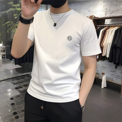 潮牌白色纯棉短袖T恤男士2024新款夏季简单圆领修身半袖体恤男款