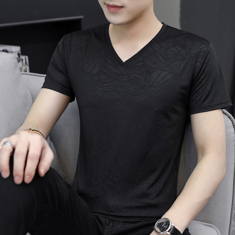 高端速干冰丝短袖t恤男士夏季2026年新款修身薄款透气v领体恤男款