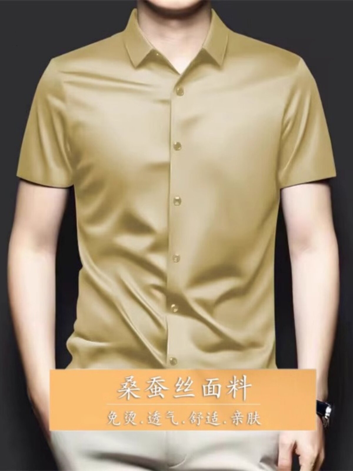 2025夏季高档桑蚕丝男士短袖衬衫新款无铁商务纯色男士丝绸衬衫