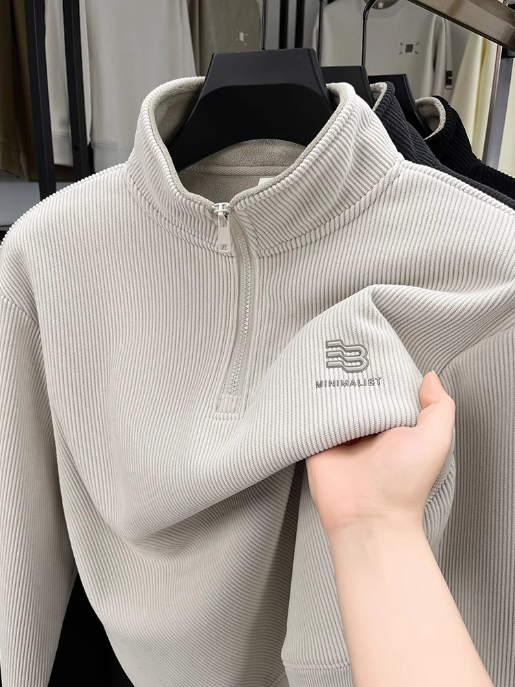 高端半拉炼卫衣男士秋冬季2025新款加绒加厚立领长袖t恤外套男款