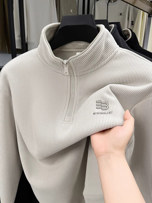 高端半拉炼卫衣男士秋冬季2025新款加绒加厚立领长袖t恤外套男款