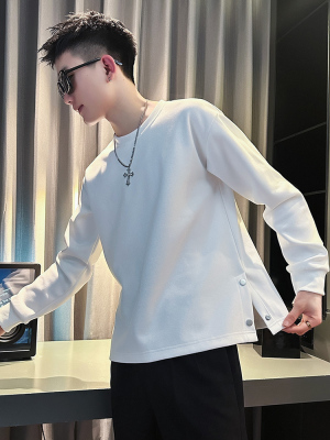 高端侧开叉白色长袖T恤男士春秋季2025年新款加绒卫衣打底衫男款