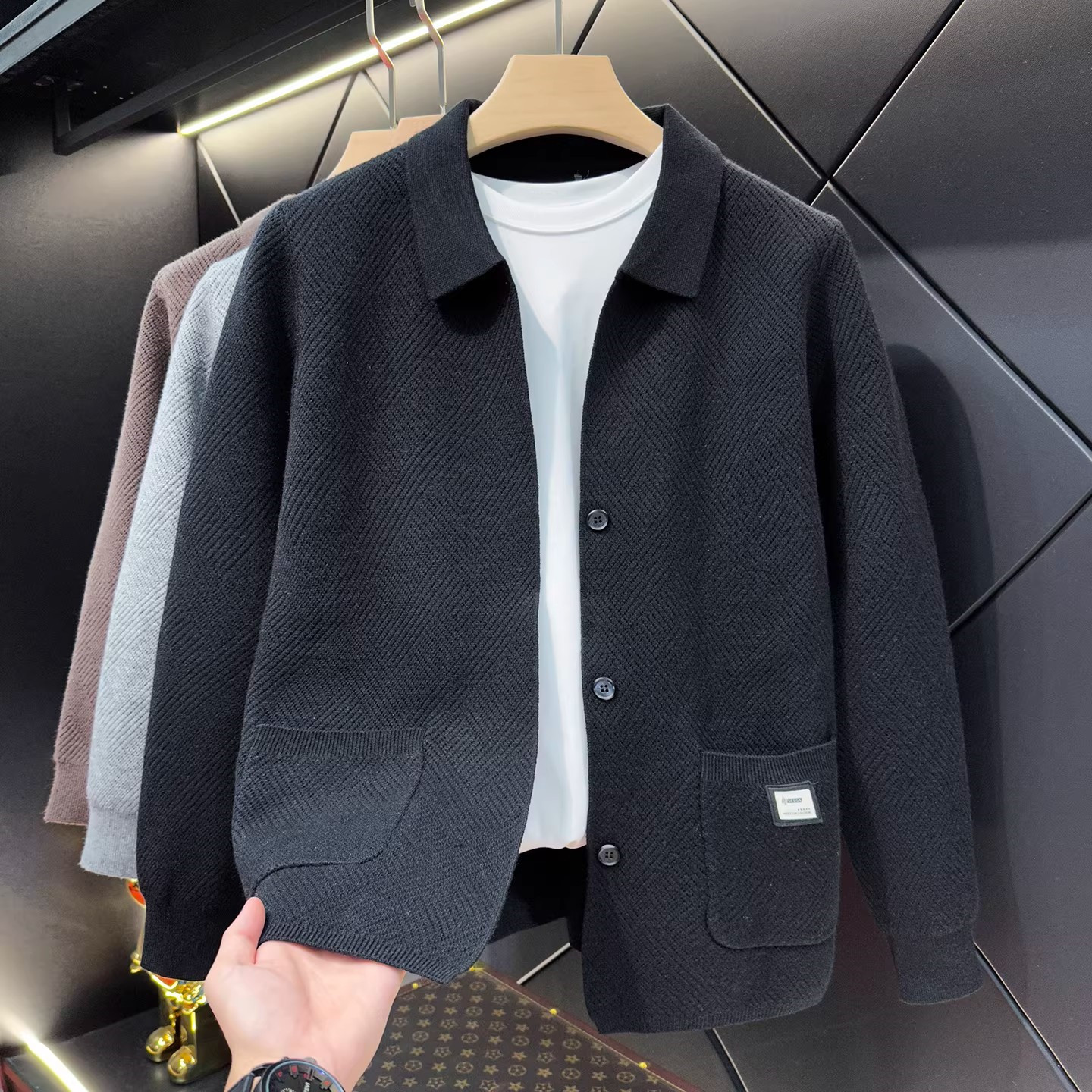 高端翻领针织开衫外套男士2026新款春季菱形提花休闲毛衣夹克男款
