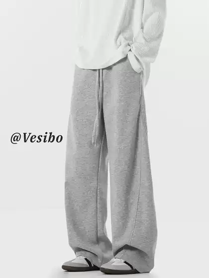 American High Street Curved-Leg Pants for Men, Winter Trendy Brand Wide-Leg Gray Sweatpants, Retro Loose Straight-Leg Casual Pants