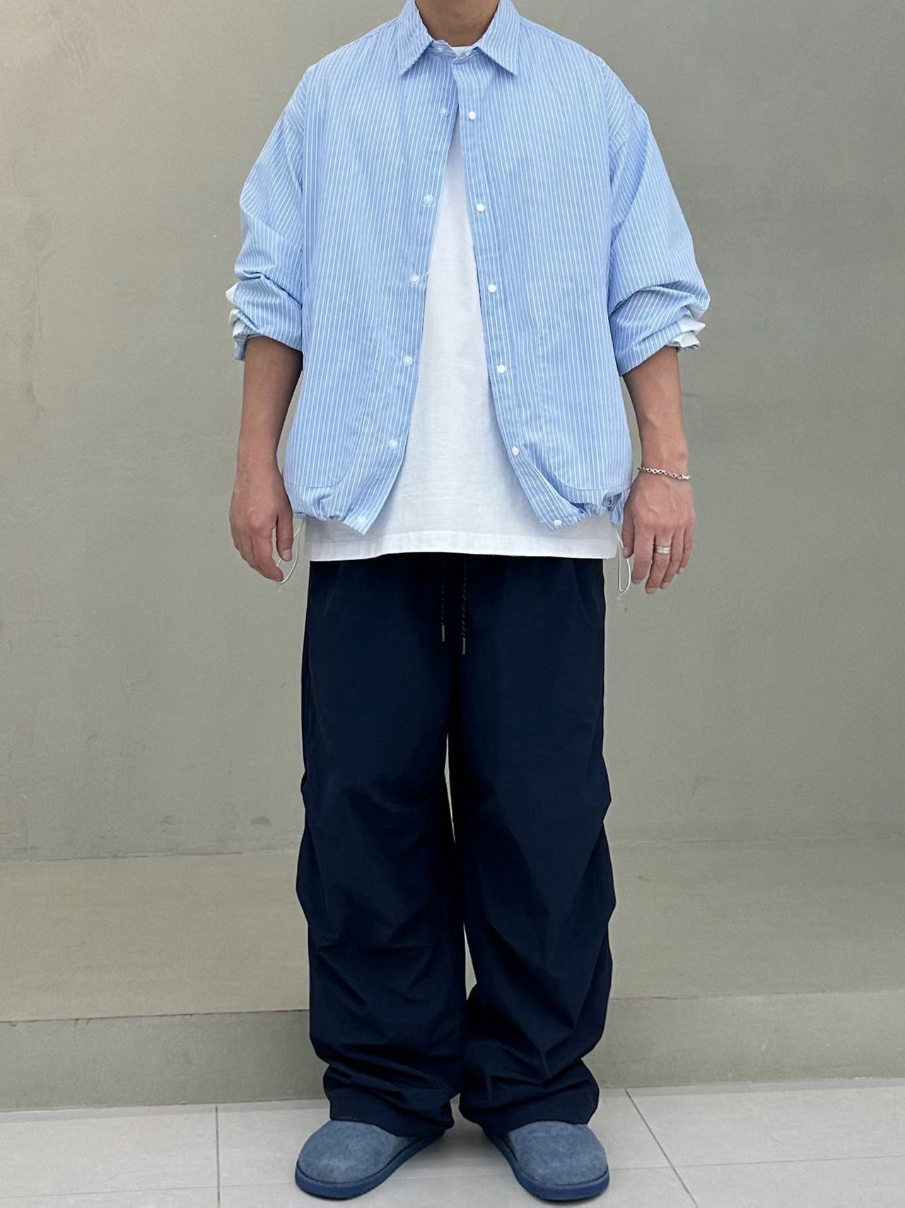 东大门男宽松条纹补丁长袖衬衫