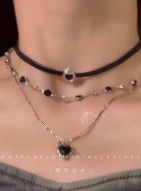 「黑绳甜酷心」多层叠戴项链女辣妹甜酷黑皮绳链锁骨链choker颈链