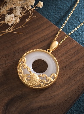 艾尔缘国风设计古法镀金吊坠女年年有鱼平安扣宫廷复古项链