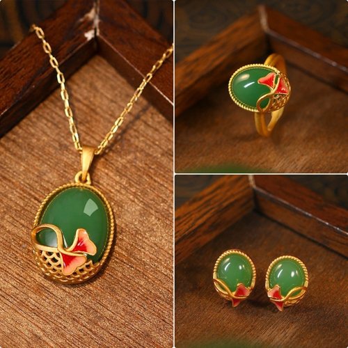 中国风古法镀金珐琅彩三生有幸杏叶小众轻奢项链耳环戒指套装