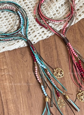 度假穿搭~波西米亚蓝色串珠项链女复古新中式轻奢感夸张配饰