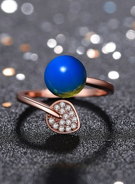 网红珠宝墨西哥3a合成净水级蓝珀叶子玫瑰金戒指琥珀指环