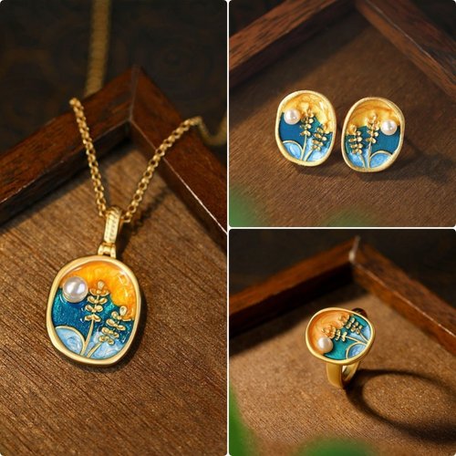 莫奈花园法式vintage复古感油画中古风麦穗耳钉戒指项链套装