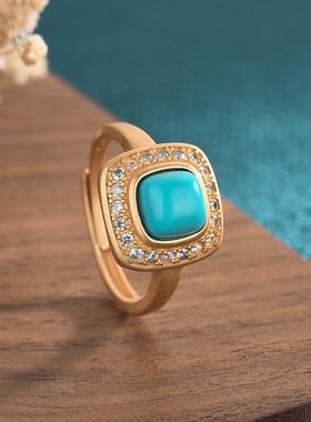 网红直播中国风古典旗袍汉服女生手饰古法金工艺镶嵌仿绿松石戒指