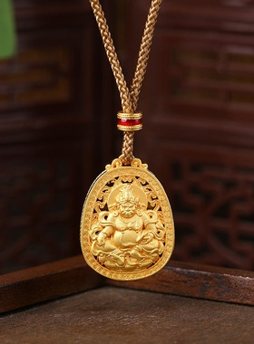 持久保色古法金黄财神吊坠沙金男女编绳挂坠吉祥如意佛牌编绳项链