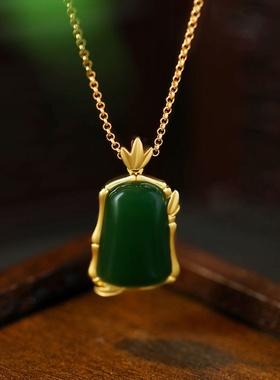 【镜面工艺】新中式古风竹报平安无事方牌仿和田玉感锁骨项链