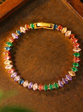 欧美跨境网球手链项链真金镀层彩色锆石链项链金色女夏季女感