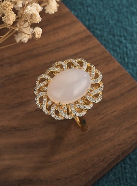 中国风复古宫廷设计铜镀金满钻玉髓玛瑙戒指指环网红直播带货同款