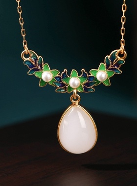 地摊庙会热卖货源古典雅致珐琅彩绘花团锦簇仿白玉珍珠复古项链