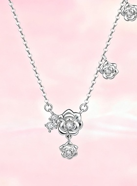 法式轻奢银色拉丝山茶花吊坠项链女甜美气质小众设计感锁骨链