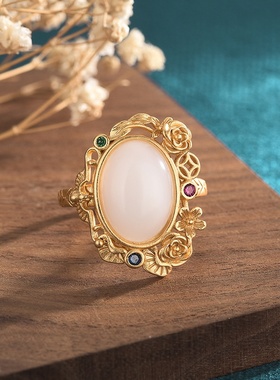 网红带货直播中国风复古指环合成和田玉戒指旗袍宫廷汉服手饰品