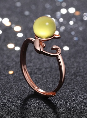 网红韩版小喵咪手饰镶嵌多米尼和合成蓝珀琥珀蜜蜡女戒指