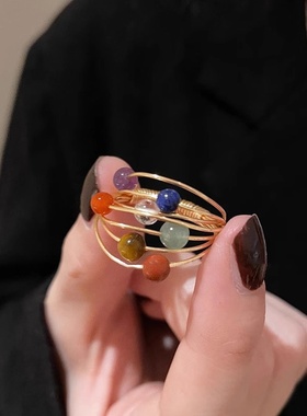 复古彩色碧玺星球戒指女款轻奢小众设计食指戒独特感中古指环