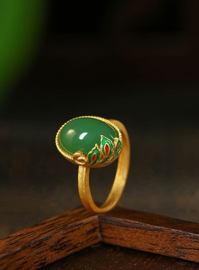 直播爆款真金电镀镶祖母绿仿玉石兰花蛋面戒指国潮古风首饰