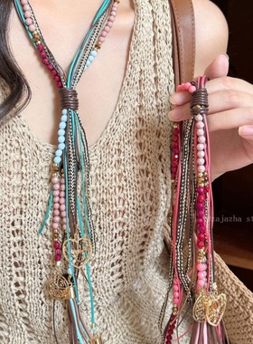 度假穿搭~波西米亚蓝色串珠项链女复古新中式轻奢感夸张配饰