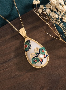 中国风旗袍汉服配饰铜镀24K金镶嵌仿和田玉挂坠珐琅彩景泰蓝项链