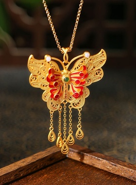 真金电镀金小红书播主推荐古法沙金花丝流苏幽梦蝶复古流苏项链