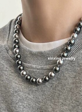 新款推荐大溪地灰色双色混色施家珍珠项链精致轻奢小众锁骨