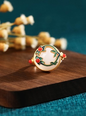 景点夜市热卖中国风汉服古装手饰珐琅彩绘工艺仿和田玉复古戒指女