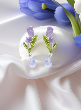 新款蓝色彩绘迷你郁金香天然坦桑石银针耳钉 无耳洞耳夹气质